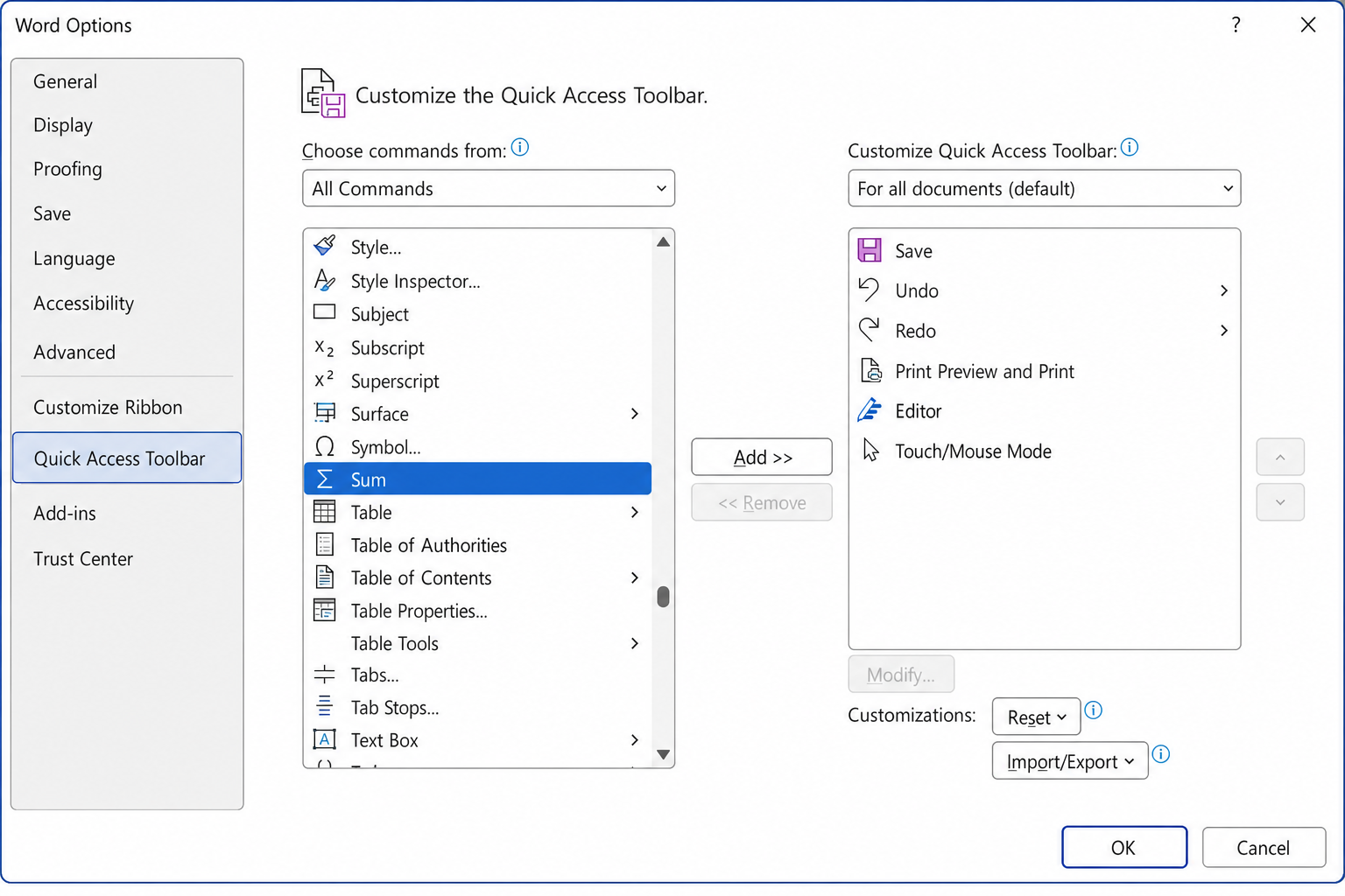 Word Options Quick Access Toolbar panel with the Sum command selected in the left list and the Add button visible