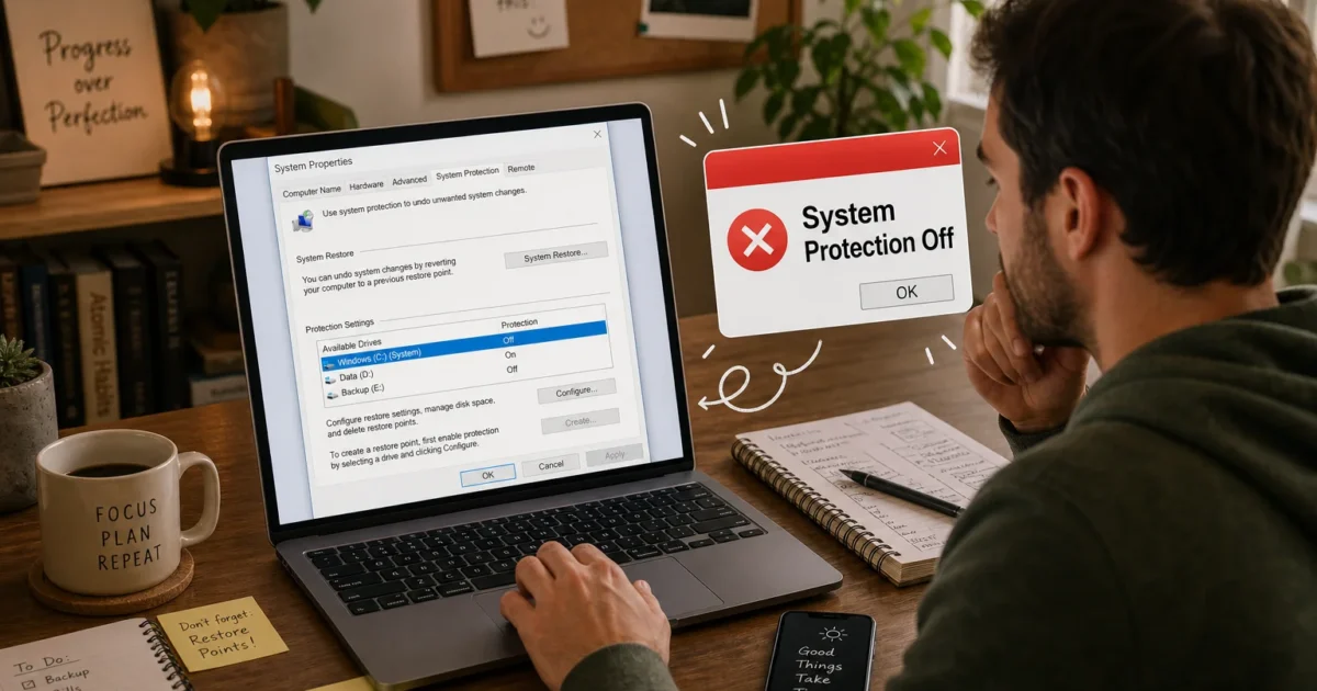 Person sits at a desk with a laptop showing System Properties; a 'System Protection Off' alert hovers to the right, indicating a protection issue.