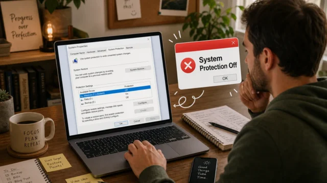 Person sits at a desk with a laptop showing System Properties; a 'System Protection Off' alert hovers to the right, indicating a protection issue.