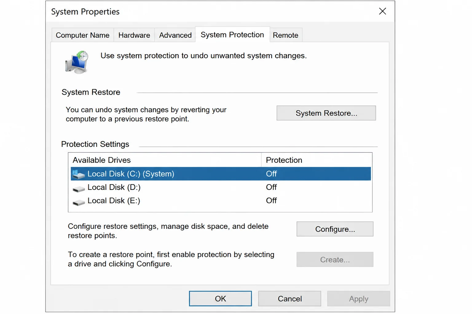 System Properties dialog open to the System Protection tab, showing the Protection Settings list with the C: drive row highlighted and the Configure button visible