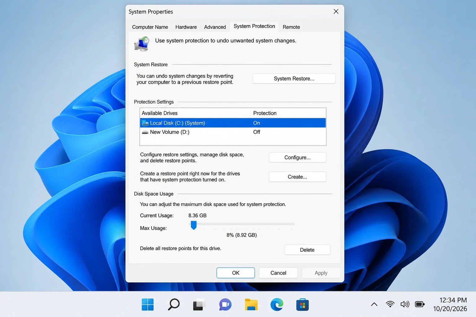 System Protection Configuration dialog with "Turn on system protection" radio button selected and the Max Usage slider set to approximately 8%, with Apply and OK buttons visible