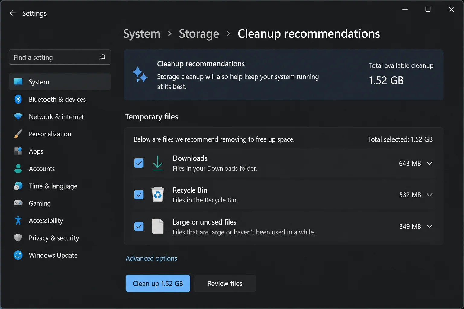 Windows 11 Settings > System > Storage > Temporary files screen with a list of junk file categories and checkboxes available for cleanup