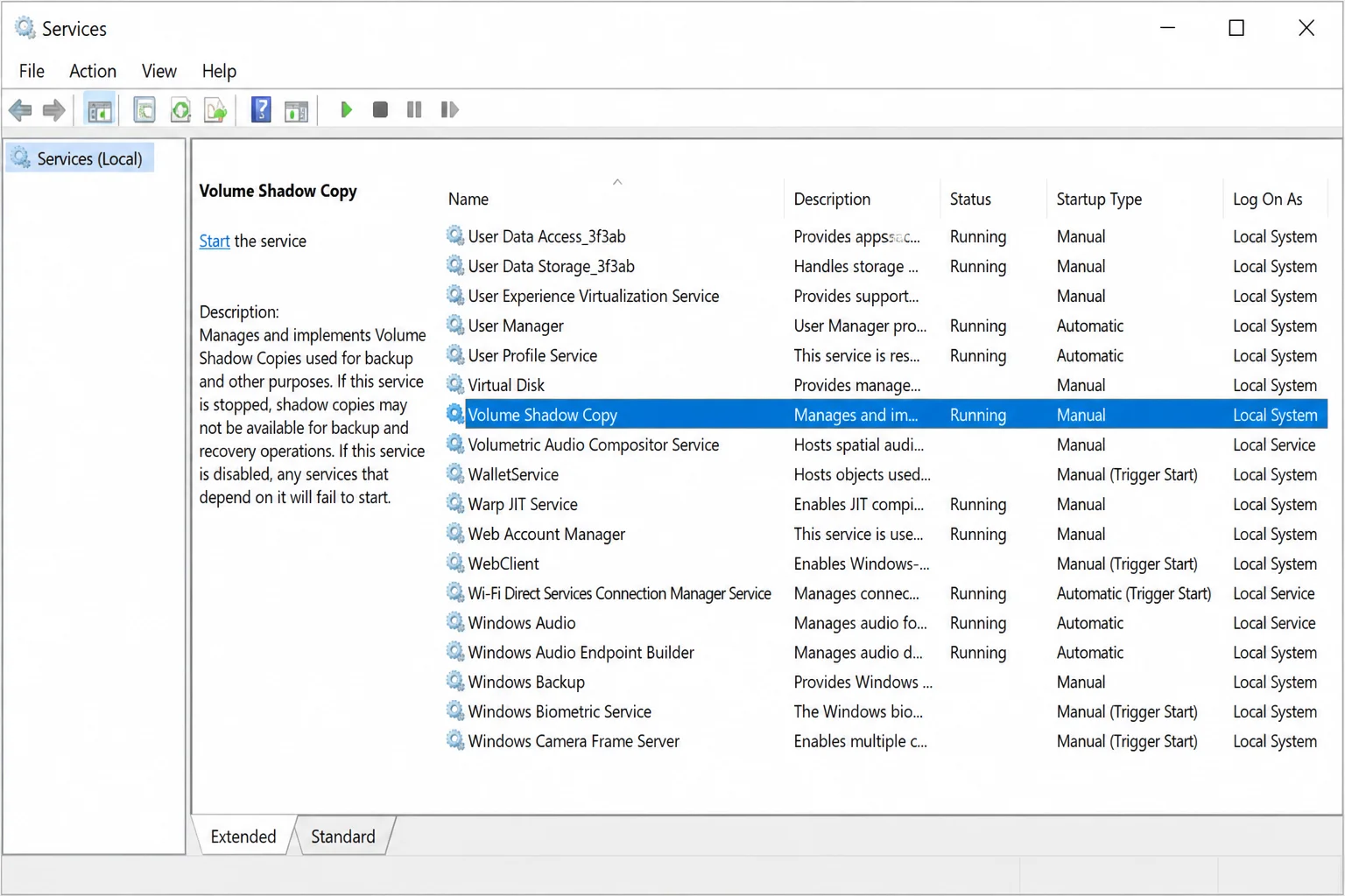 services.msc window with the Volume Shadow Copy service row highlighted, showing the Status and Startup Type columns
