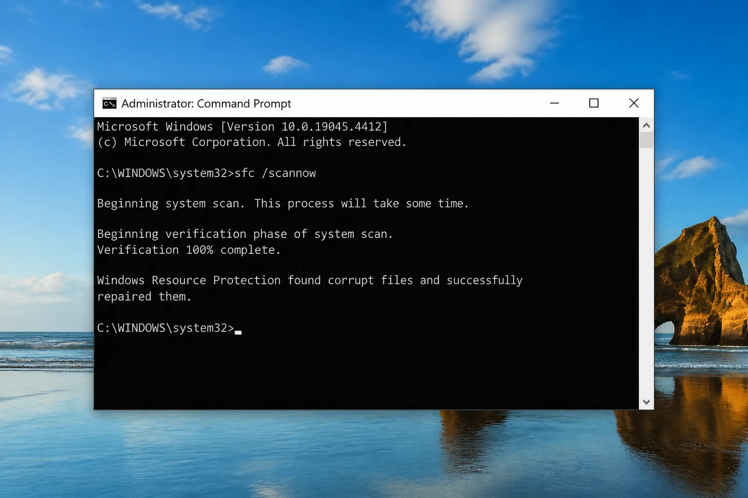 Administrator Command Prompt showing sfc /scannow completing with a "Windows Resource Protection found corrupt files and repaired them" success message