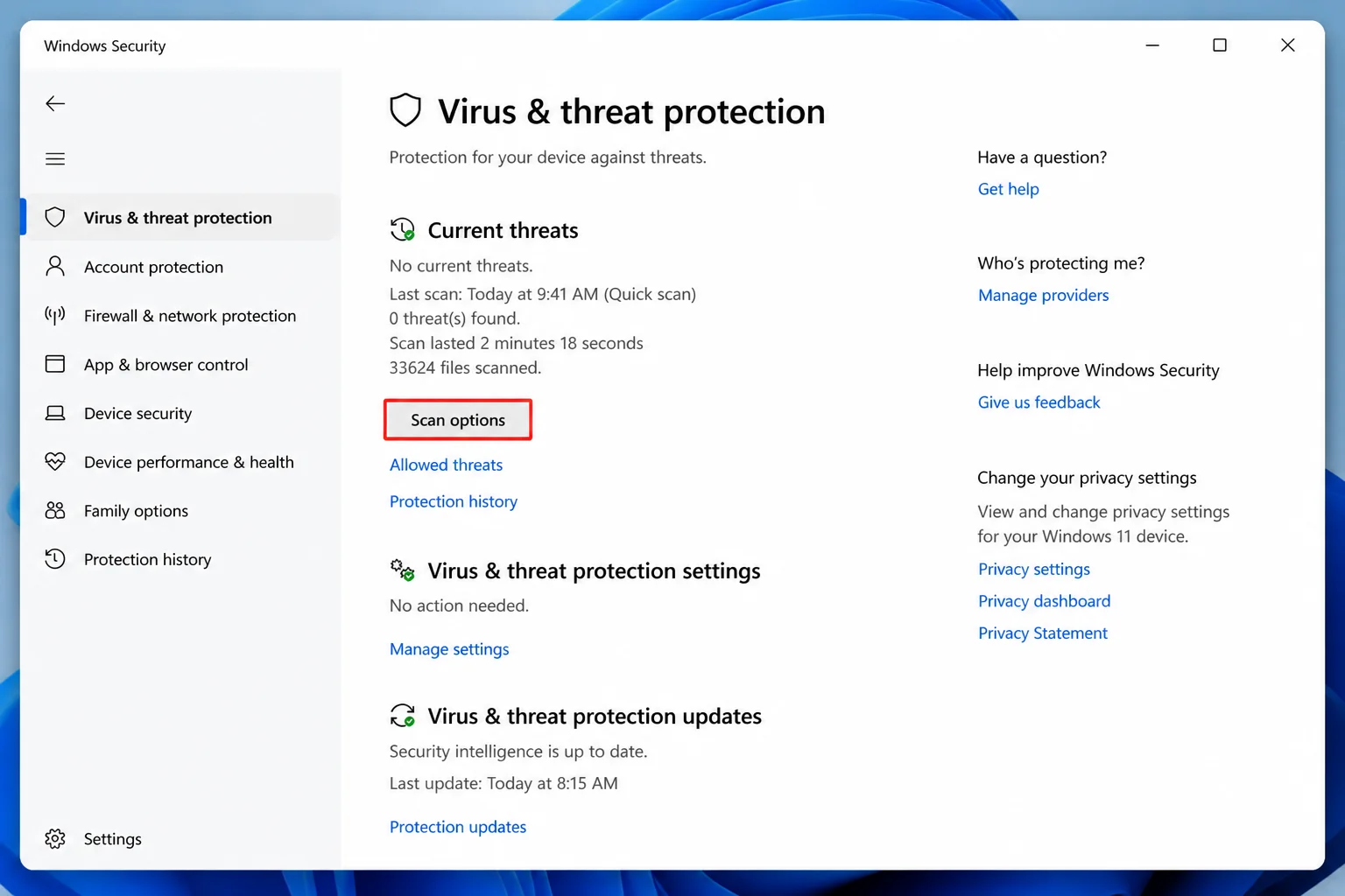 Windows Security > Virus & threat protection > Scan options screen with "Microsoft Defender Offline scan" selected and the "Scan now" button visible