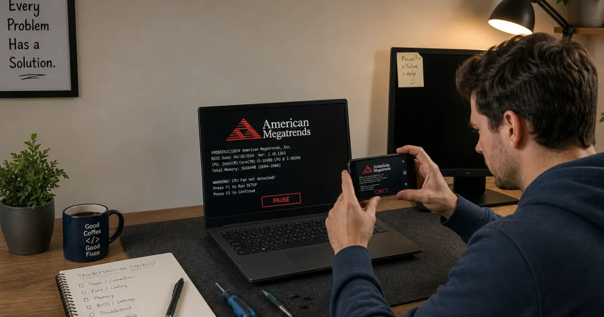Man holding a phone to photograph a laptop BIOS splash screen that reads American Megatrends, at a desk with a mug, plant, notebook, and tools on a mat there.