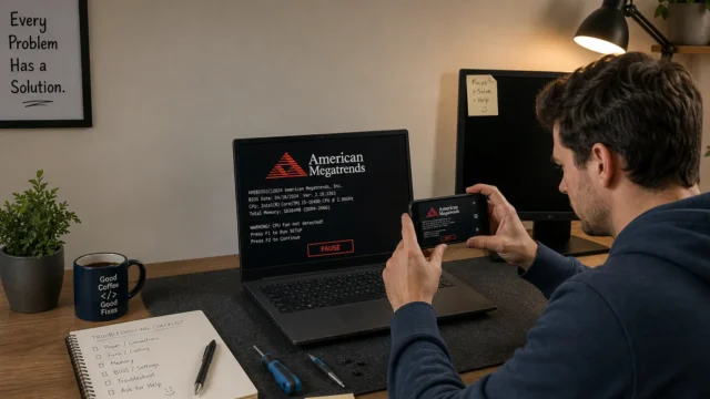 Man holding a phone to photograph a laptop BIOS splash screen that reads American Megatrends, at a desk with a mug, plant, notebook, and tools on a mat there.