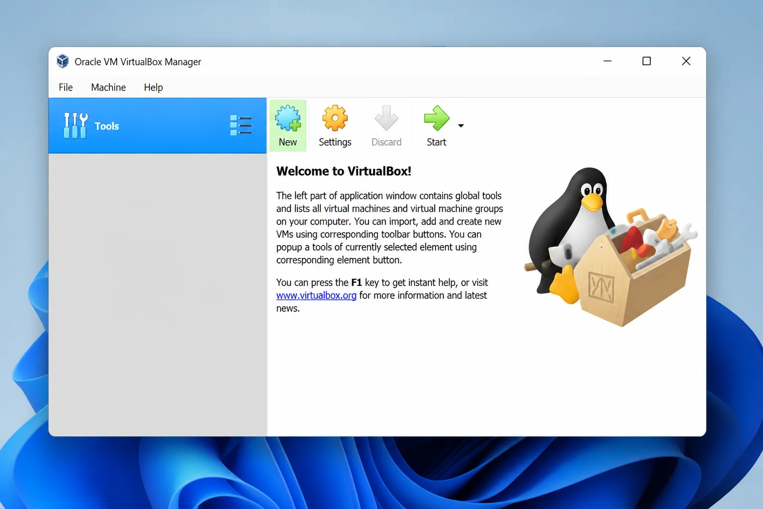 Current Oracle VirtualBox Manager window with the New button highlighted
