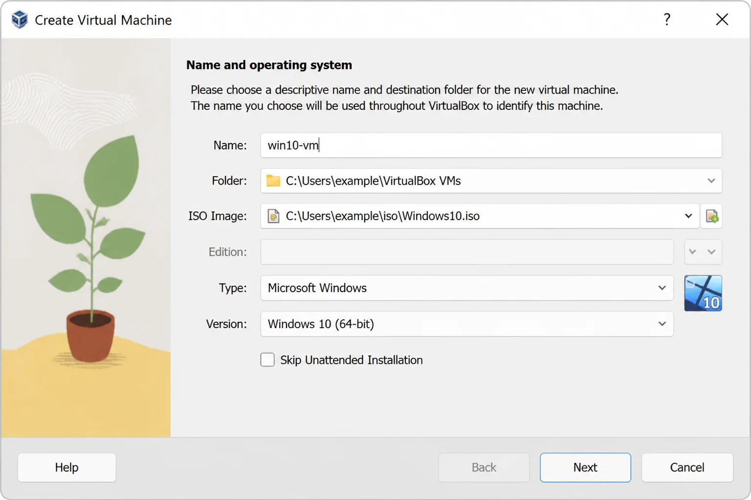 VirtualBox Create Virtual Machine window with the VM name, ISO image, operating system type, and unattended installation options visible