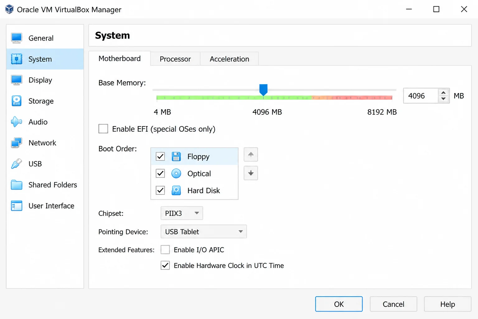 VirtualBox virtual machine hardware settings with the Base Memory control and recommended range visible