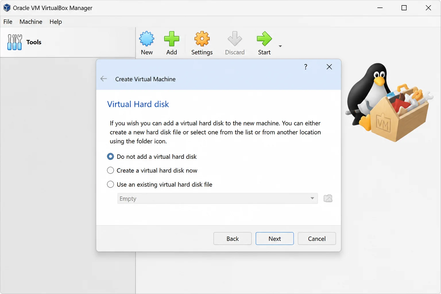 VirtualBox virtual hard disk step showing the option to create the machine without a virtual hard disk