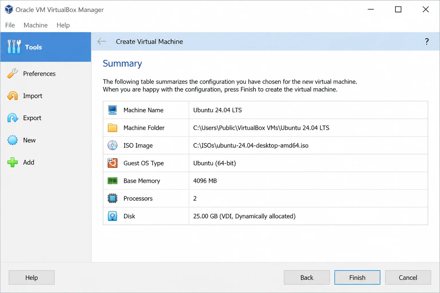 VirtualBox virtual machine summary page with the selected hardware and Finish button visible