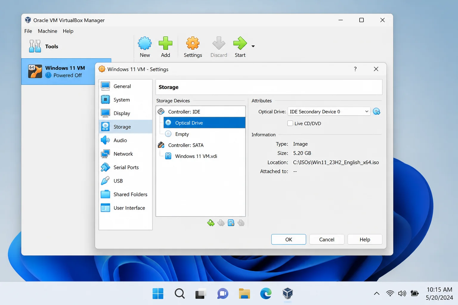 VirtualBox Settings > Storage with the virtual optical drive selected and a bootable ISO attached