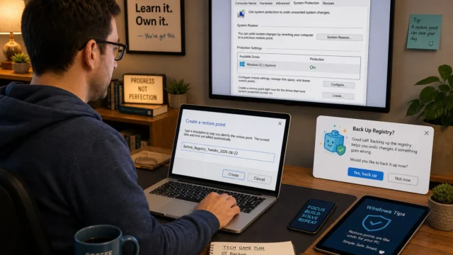 Person working at a desk with multiple screens showing Windows system restore and backup prompts, including a 'Create a restore point' dialog on the laptop and a 'Back Up Registry?' card nearby.