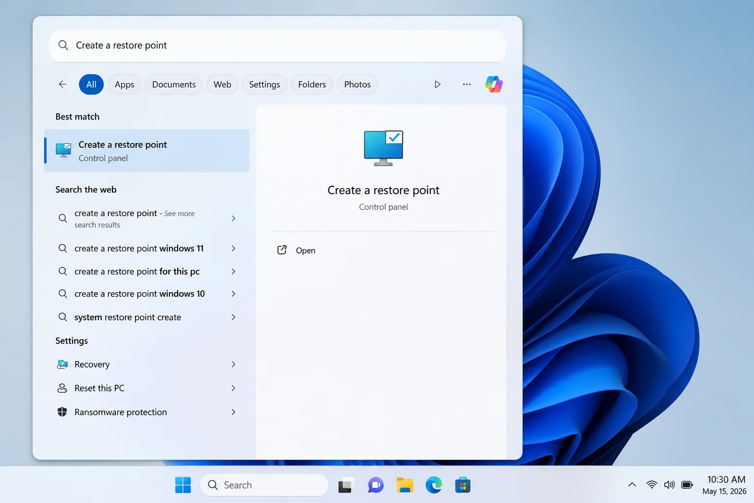 Windows 11 Start search with Create a restore point selected