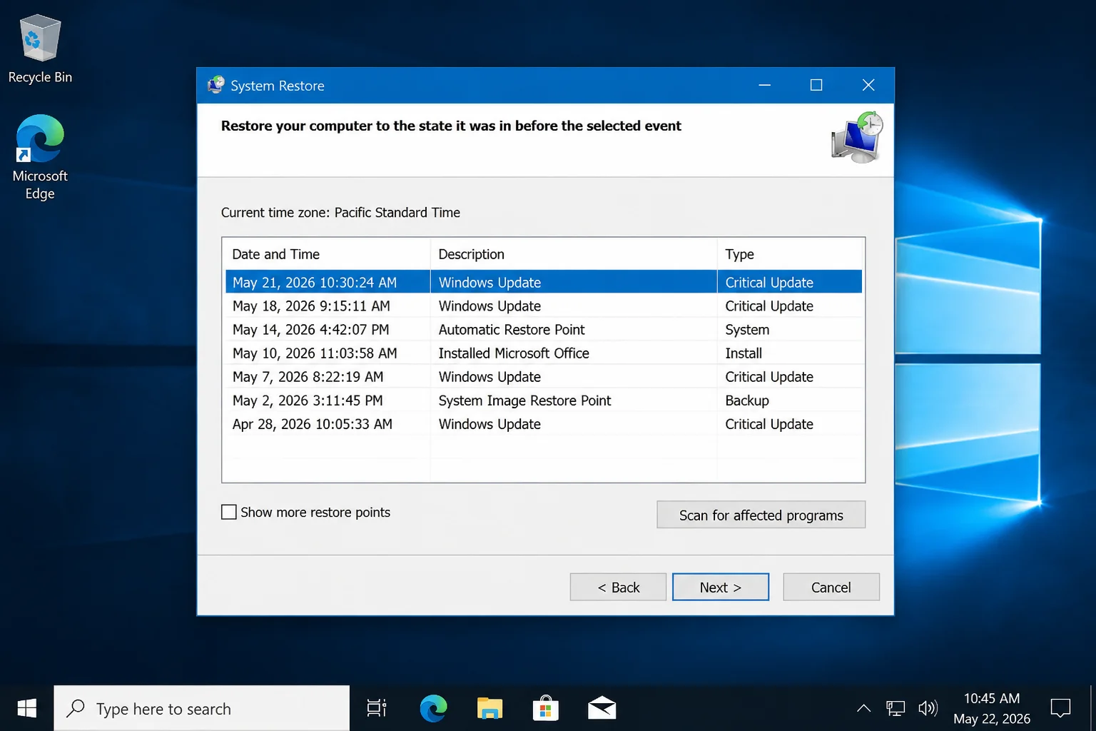 System Restore window showing available restore points with Show more restore points and Scan for affected programs visible