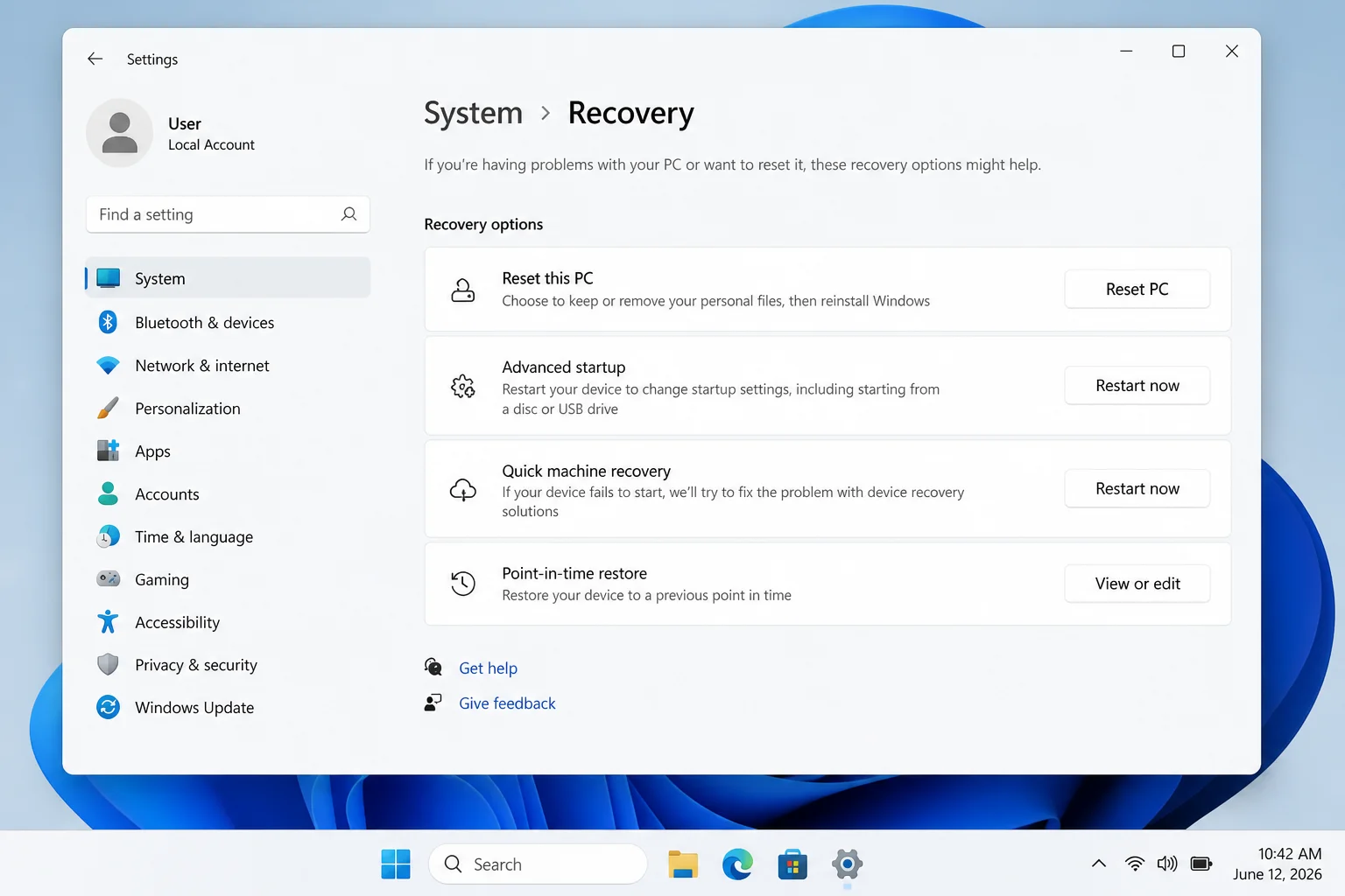 Windows 11 Settings System Recovery page showing Recovery options