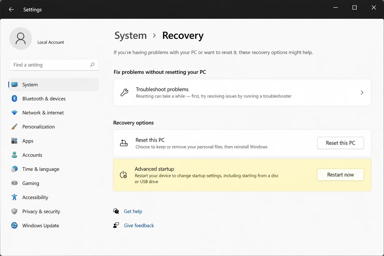 Windows 11 Settings System Recovery page with the Restart now button beside Advanced startup highlighted