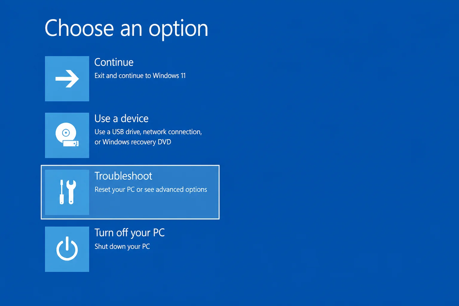 Windows Recovery Environment Choose an option screen with Troubleshoot highlighted