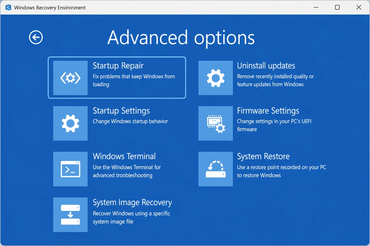 Windows Recovery Environment Troubleshoot screen with Advanced options highlighted