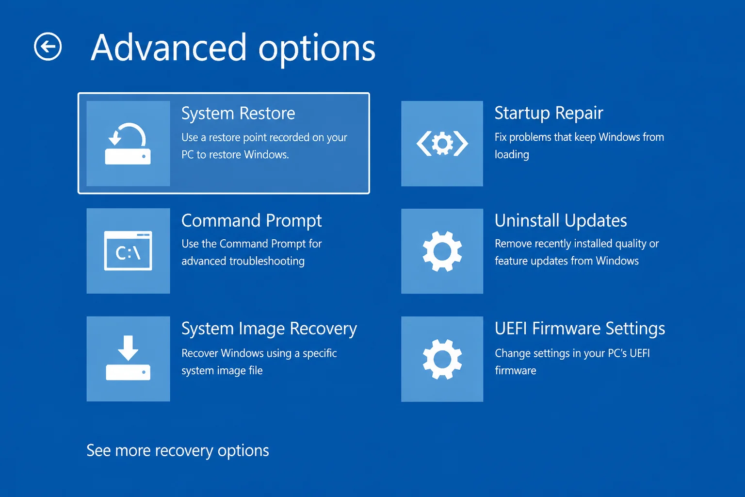 Windows Recovery Environment Advanced options screen with System Restore highlighted
