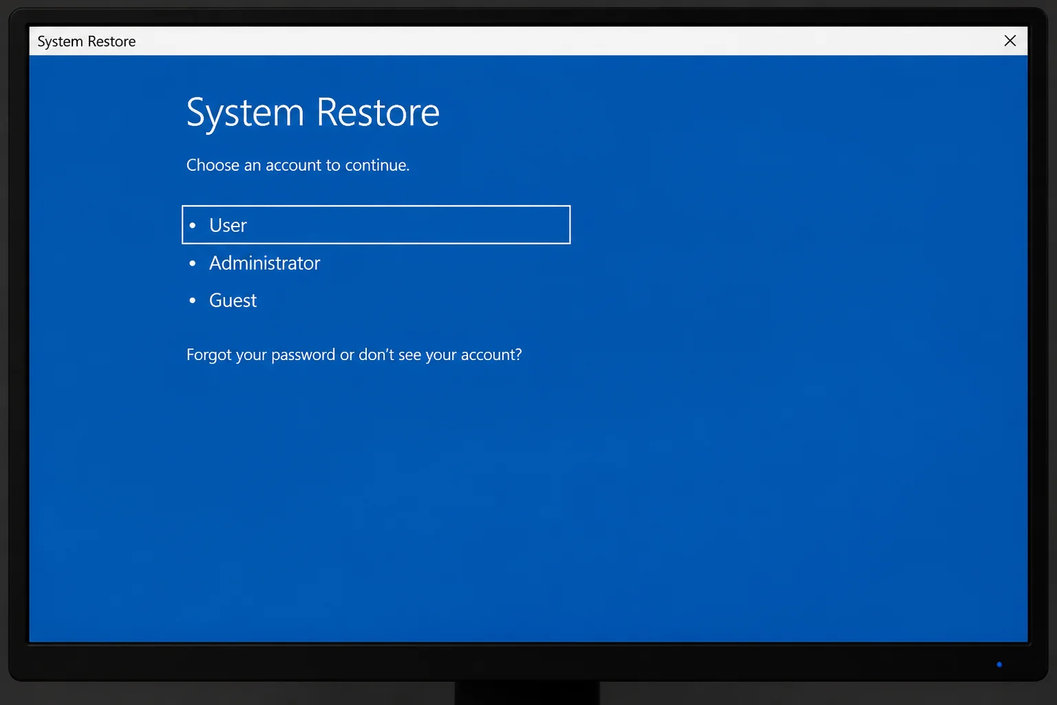 Windows Recovery Environment account selection screen for System Restore