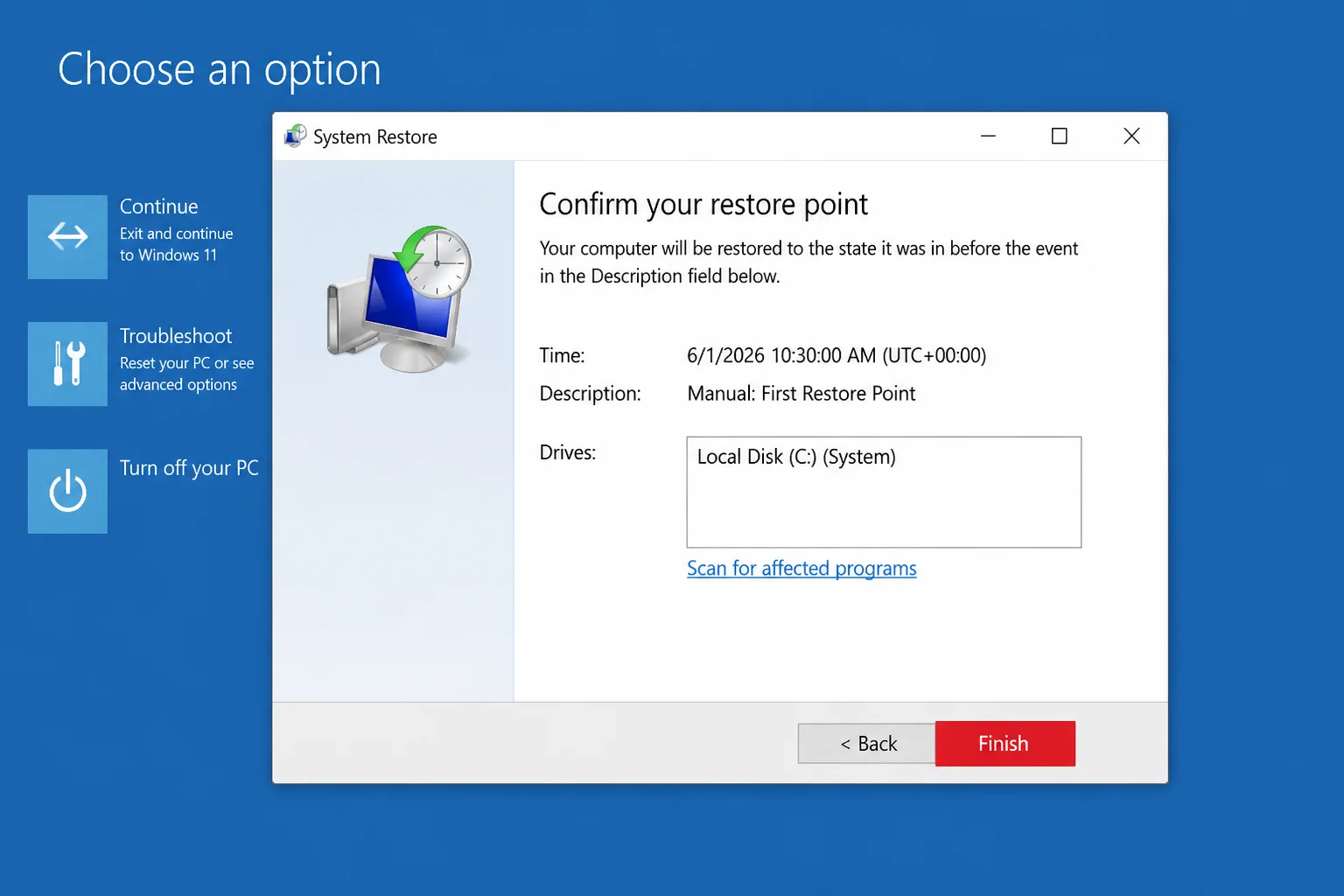 System Restore confirmation screen in Windows Recovery Environment showing the selected restore point and Finish button