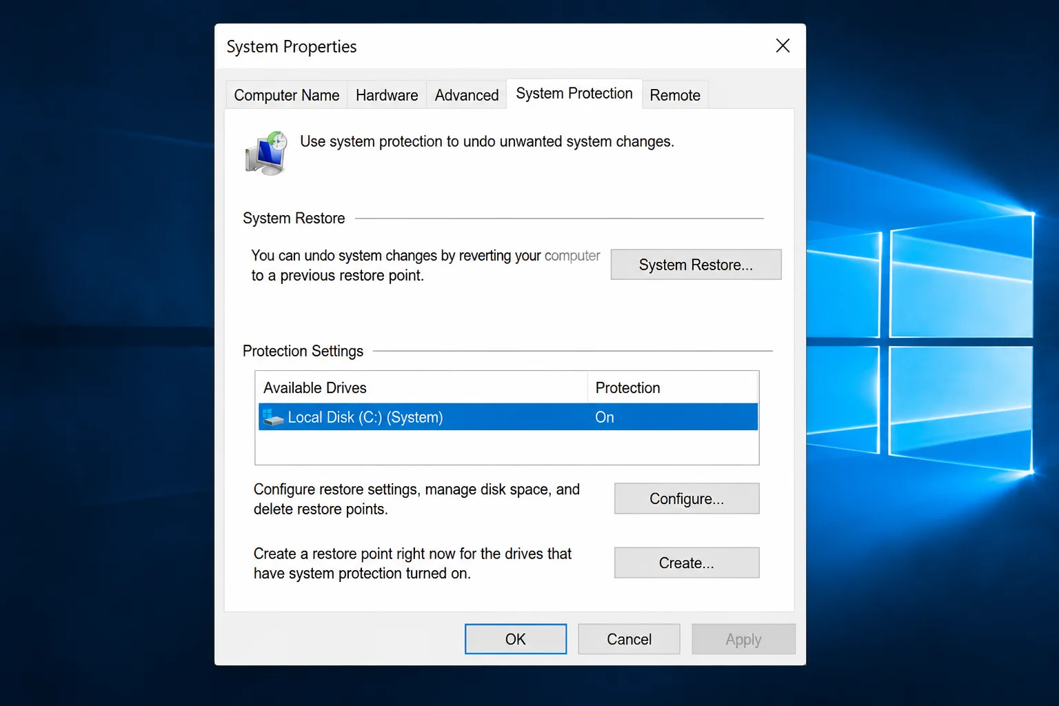 System Properties System Protection tab with the Windows system drive selected and Protection shown as On