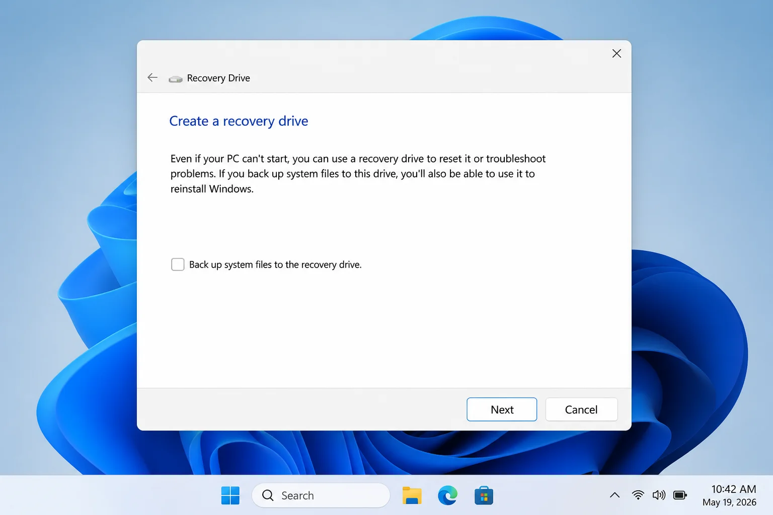 Windows Recovery Drive wizard showing the option to back up system files and the Next button