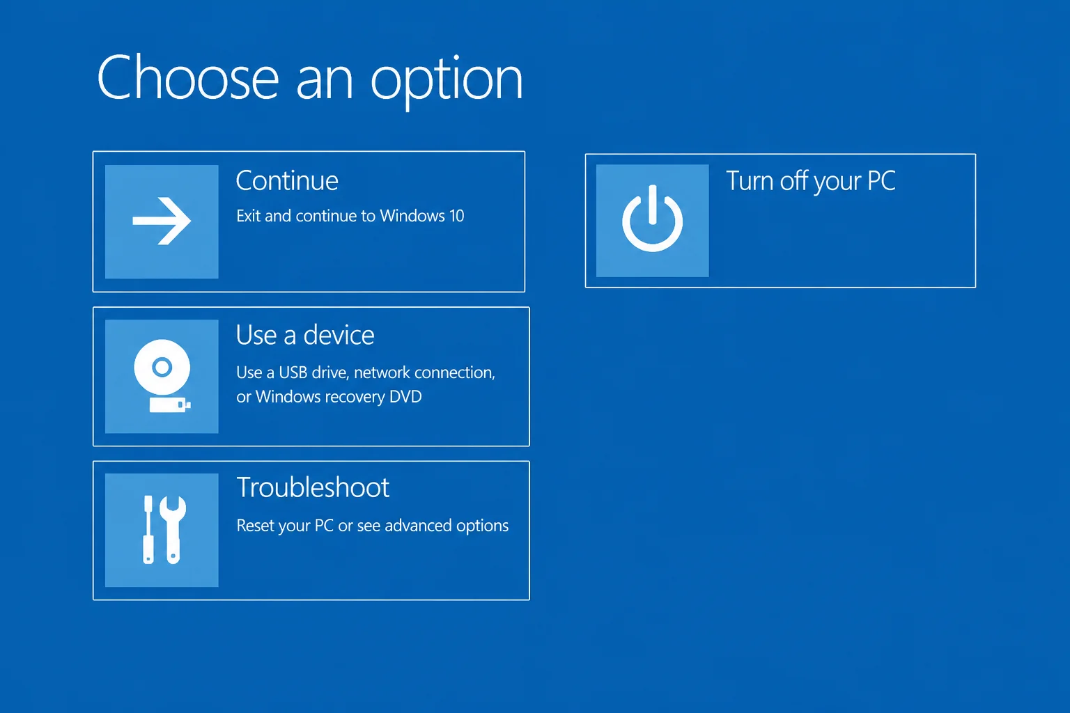 Windows Recovery Environment opened from a USB recovery drive with Troubleshoot visible