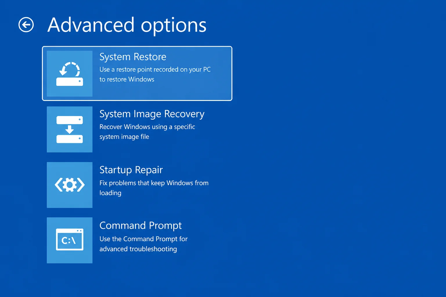 Windows Recovery Environment Advanced options page opened from recovery media with System Restore visible