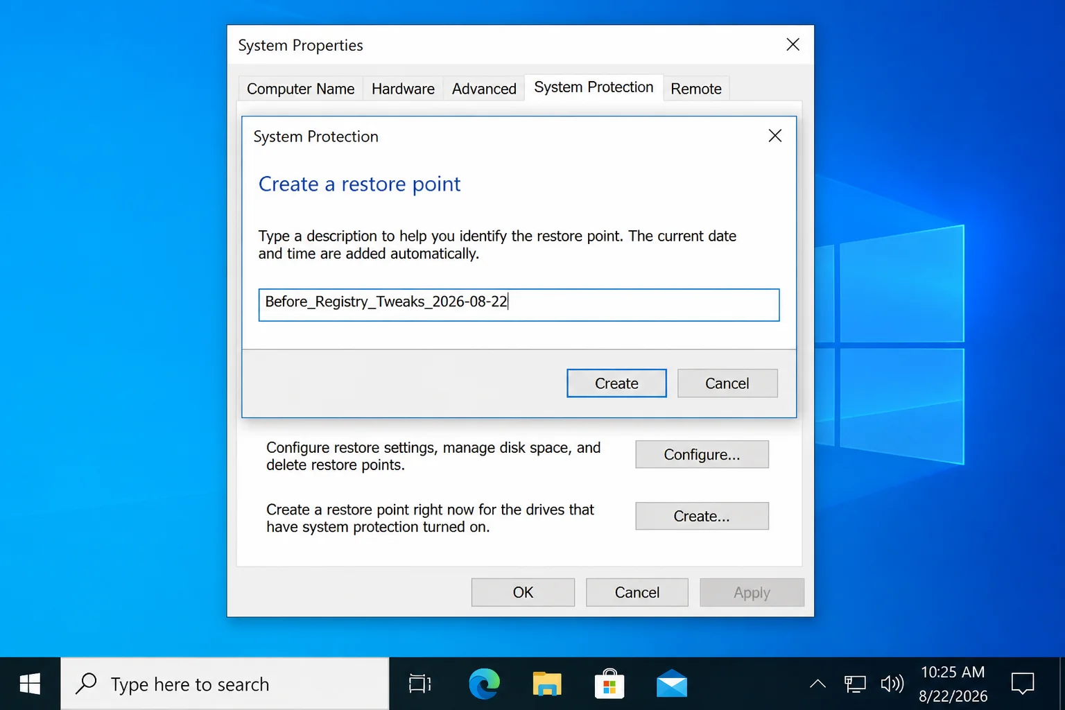 Create a restore point dialog containing the name Before_Registry_Tweaks_2026-08-22 and the Create button
