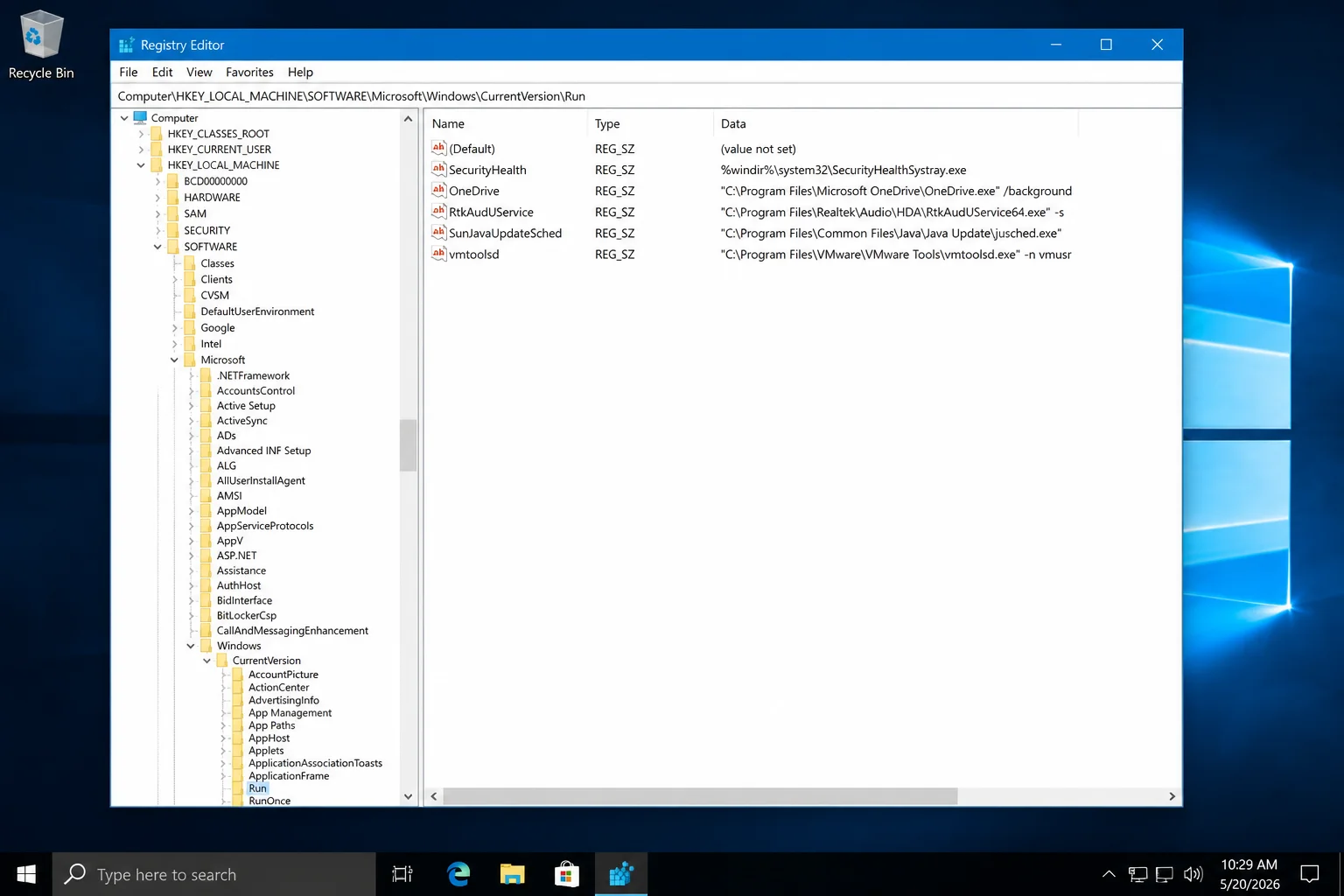 Registry Editor showing the key hierarchy on the left and the names, types, and data of registry values on the right