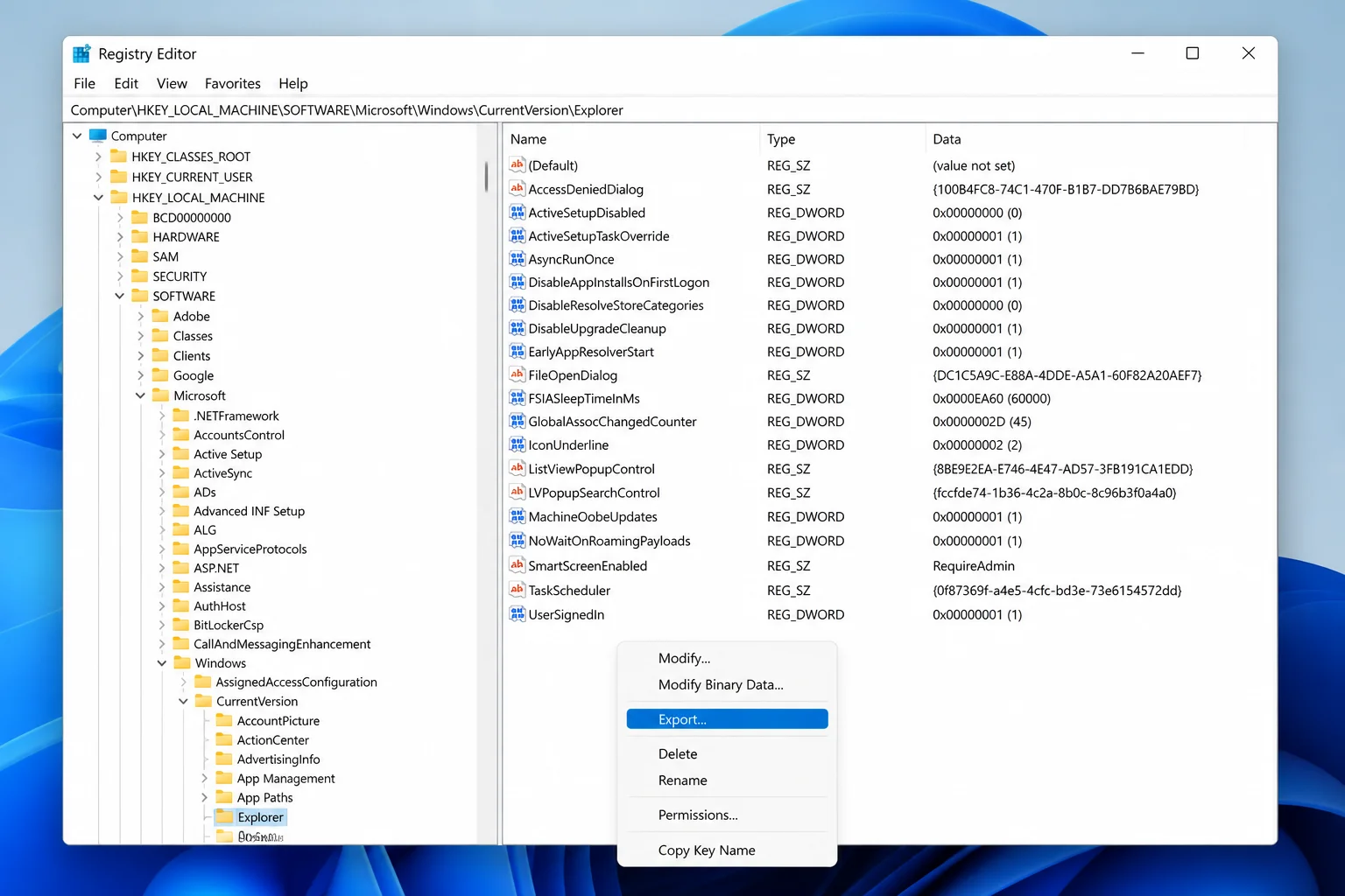 Registry Editor with the Explorer key selected and its context menu showing Export