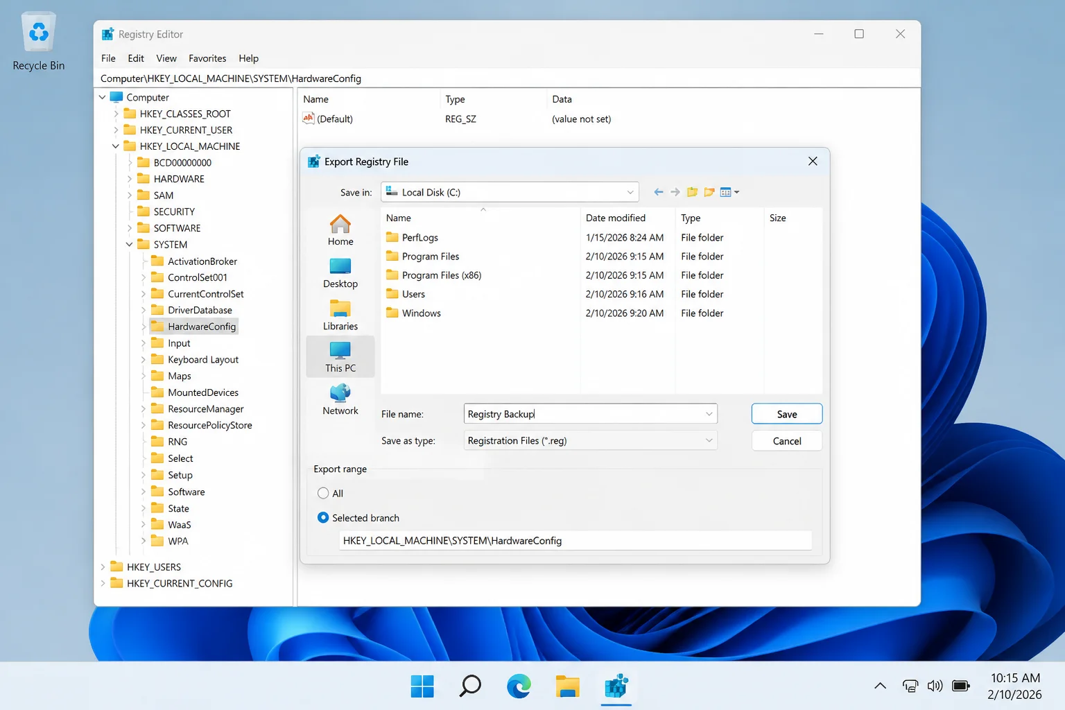 Registry Editor Export Registry File dialog with Selected branch enabled and the selected registry path visible