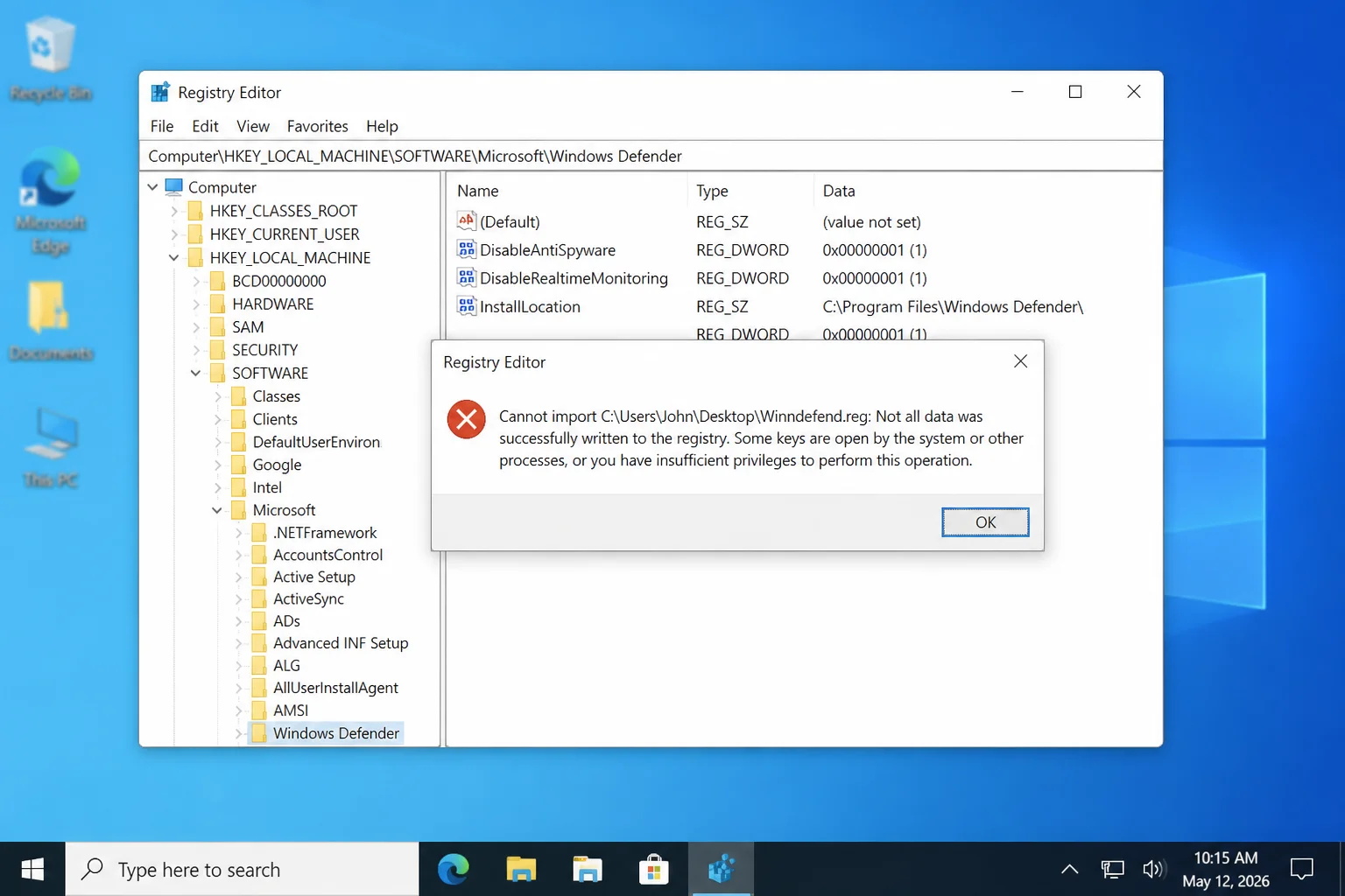 Registry Editor Cannot import error dialog shown in full with its message and OK button