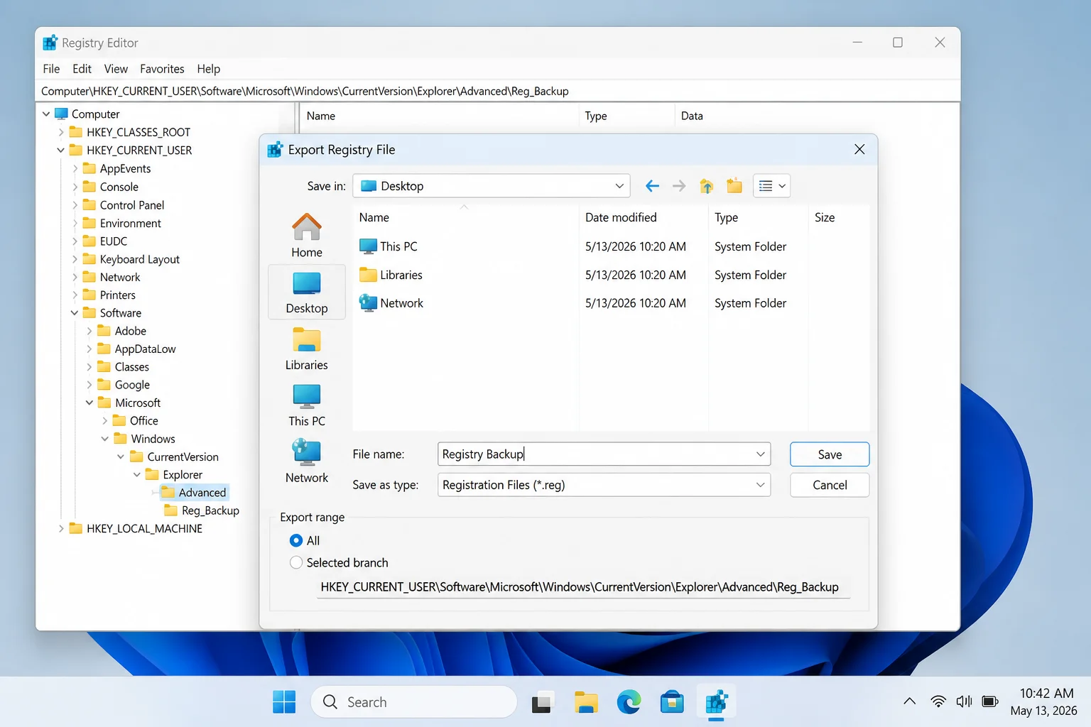 Registry Editor Export Registry File dialog with All selected under Export range