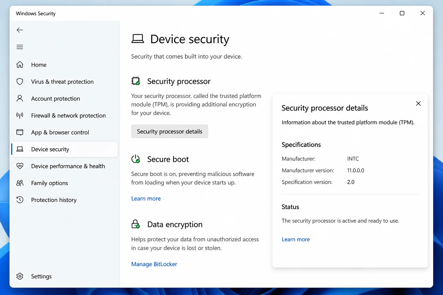 Windows Security app Device security page with Security processor details panel open, showing manufacturer name and Specification version 2.0