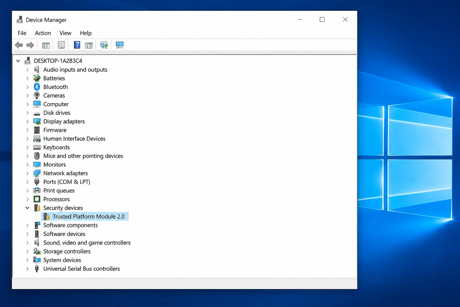 Device Manager with the Security devices category expanded, showing the Trusted Platform Module 2.0 entry