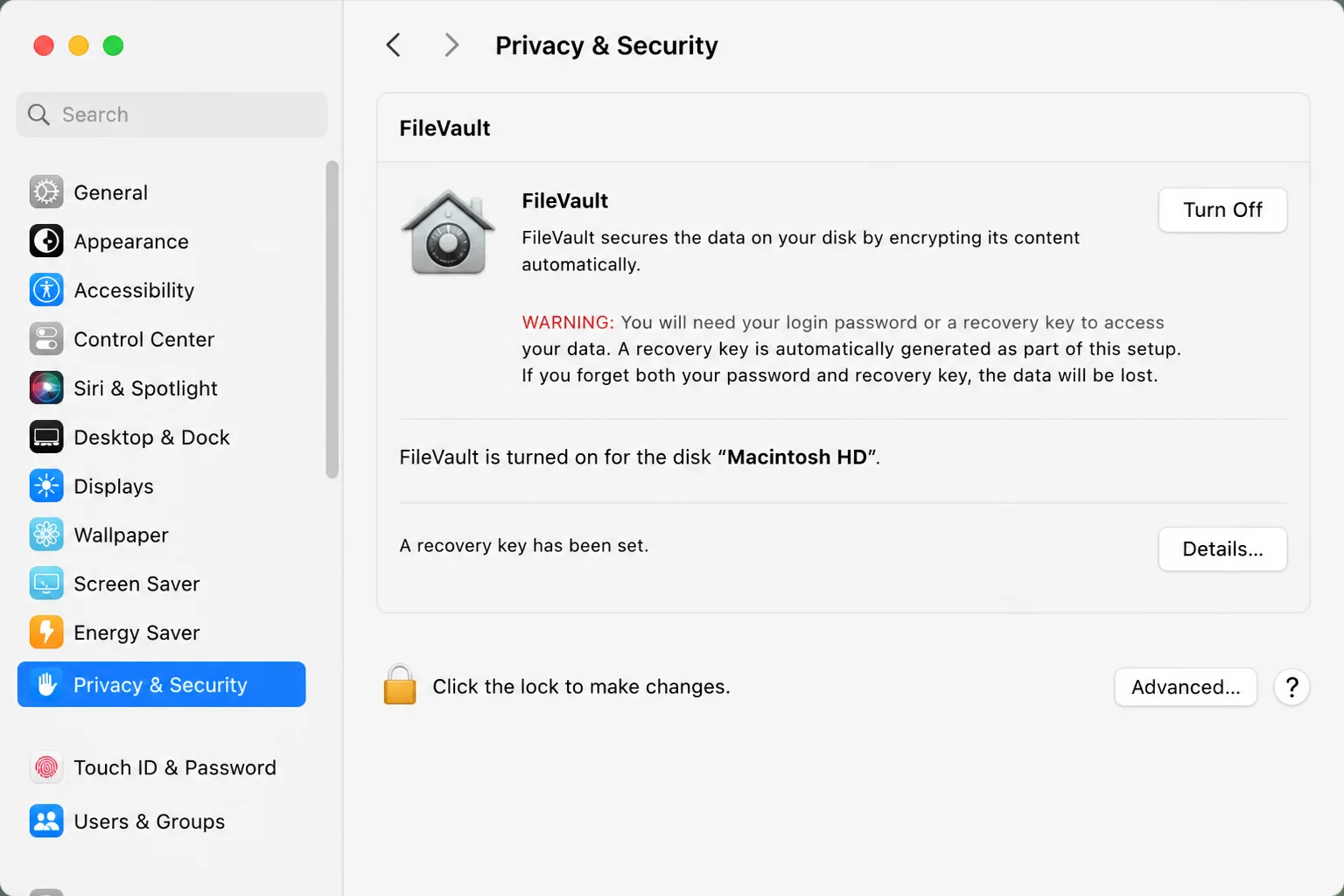 macOS System Settings Privacy & Security page showing FileVault status, which relies on the Secure Enclave