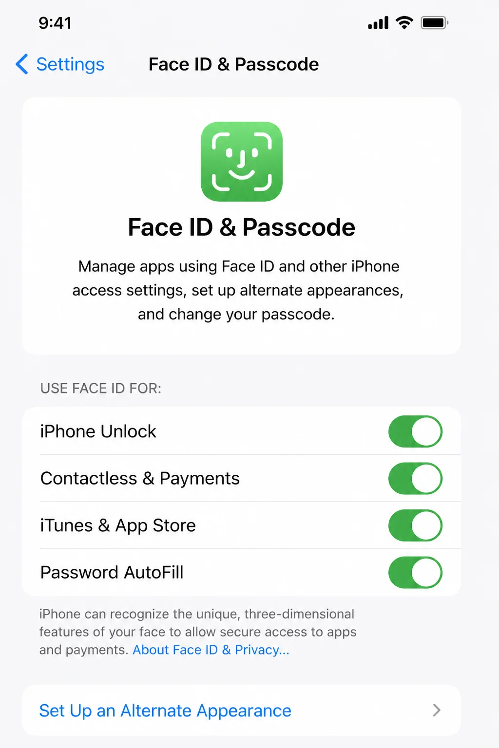iOS Settings app Face ID & Passcode screen showing biometric sign-in options backed by the Secure Enclave