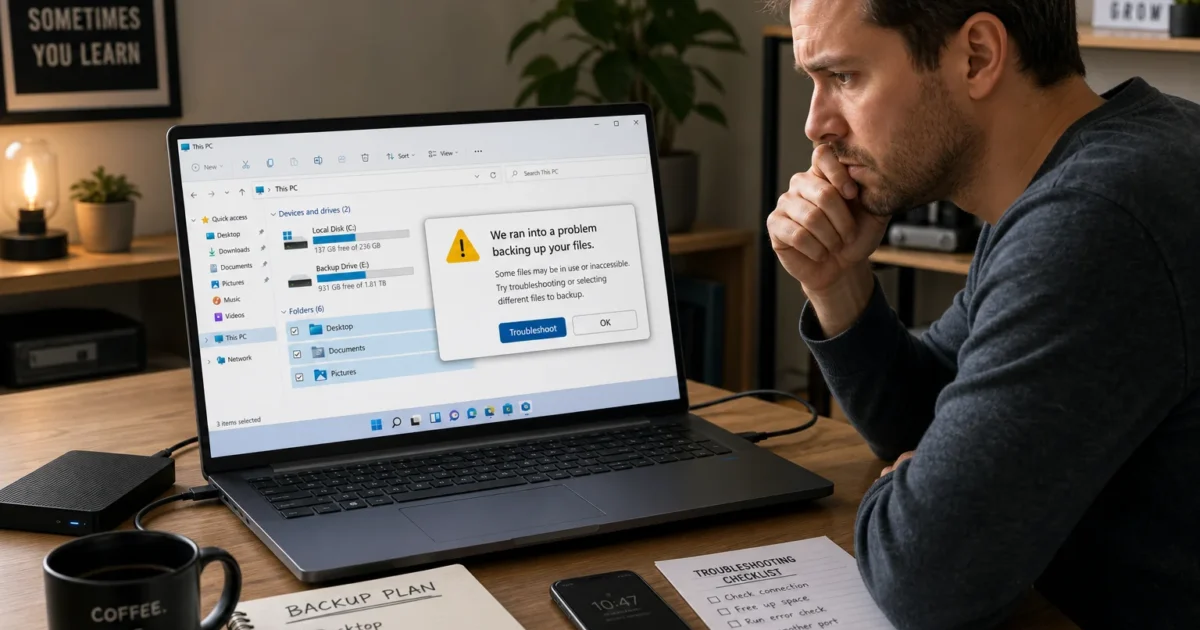 Man at a desk looking pensively at a laptop screen that shows a backup error dialog, with a coffee mug and notebooks nearby in a home office setting.