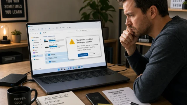 Man at a desk looking pensively at a laptop screen that shows a backup error dialog, with a coffee mug and notebooks nearby in a home office setting.