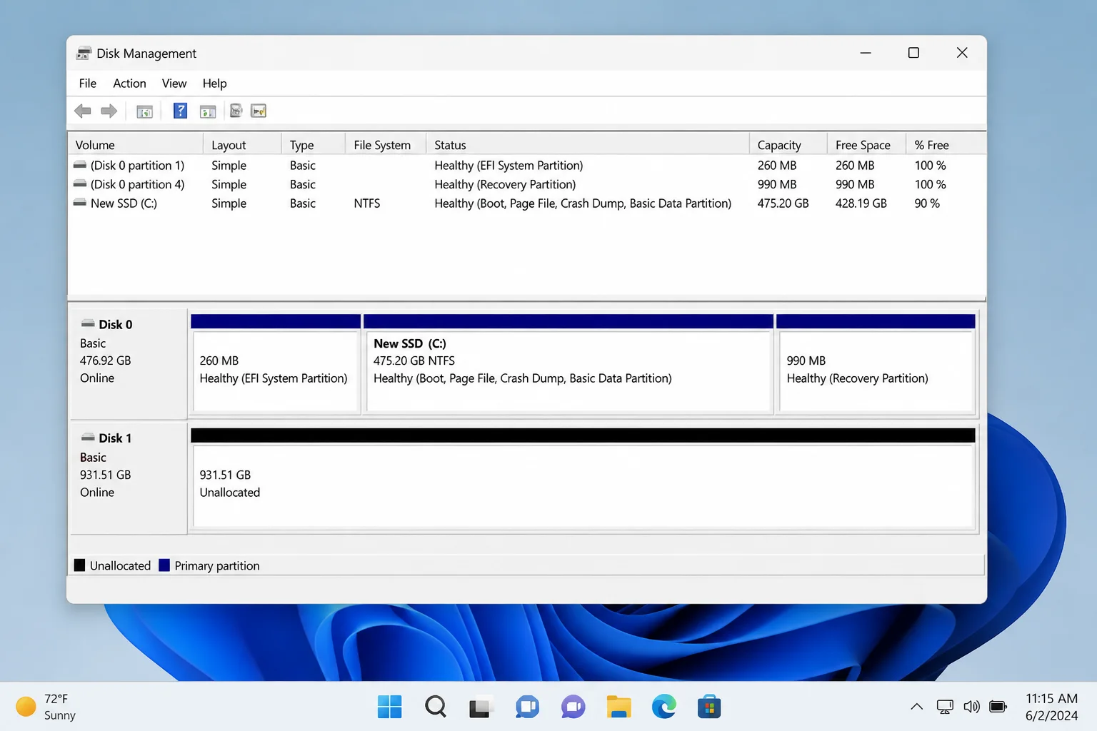 Windows 11 Disk Management showing the system SSD as Online with its partitions visible