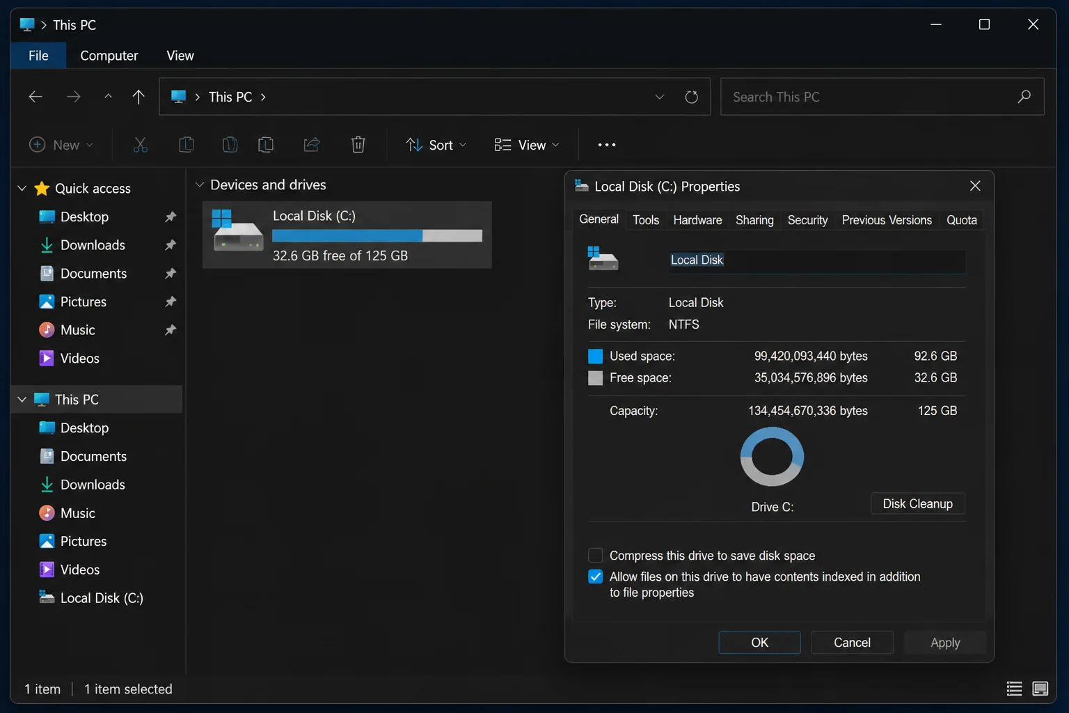 Windows 11 File Explorer This PC with Local Disk (C:) selected and its Properties option visible