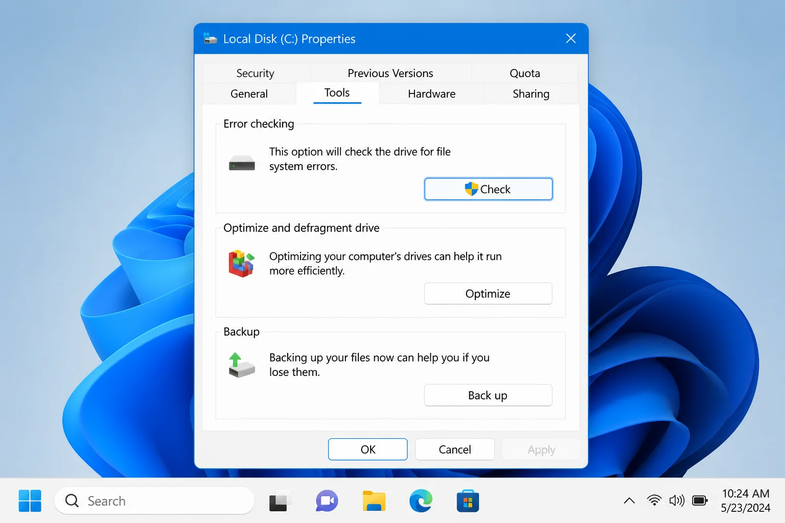 Local Disk (C:) Properties in Windows 11 with the Tools tab open and the Error checking Check button highlighted