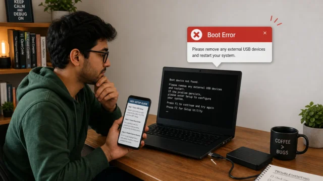 Person troubleshooting a PC boot error at a wooden desk; laptop shows 'Boot device not found' with a USB drive connected and a phone displaying setup steps, a 'Boot Error' alert bubble above the laptop.