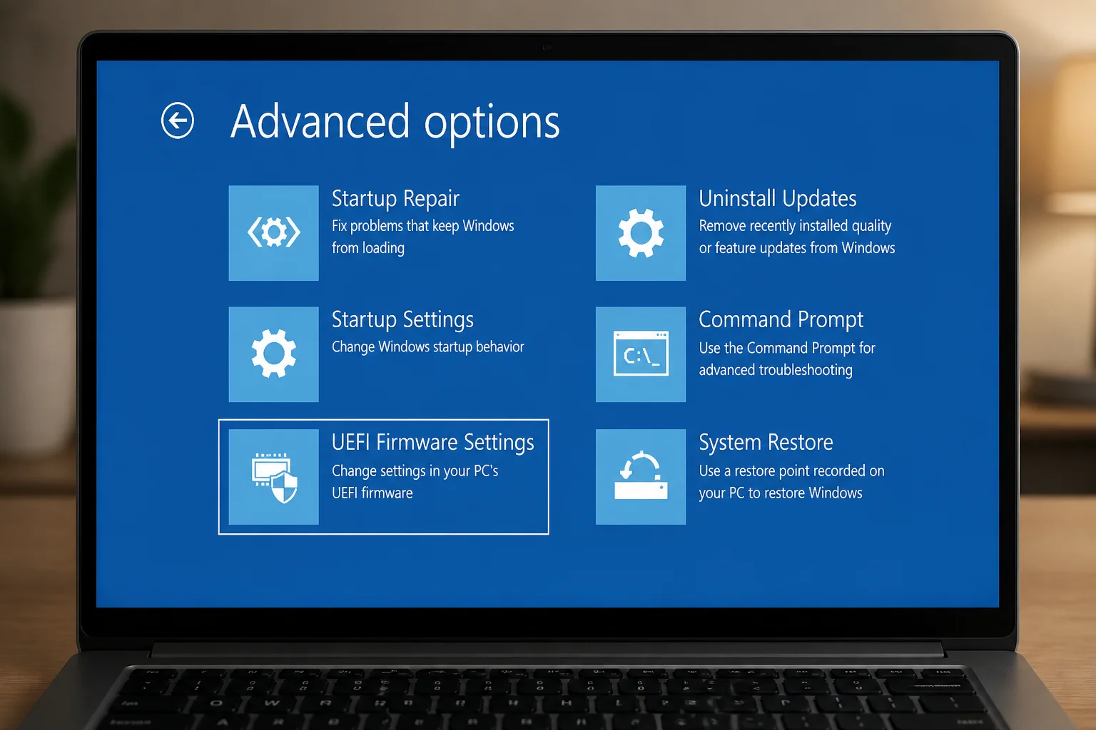 Windows 11 Recovery Environment showing the Advanced options screen with UEFI Firmware Settings highlighted