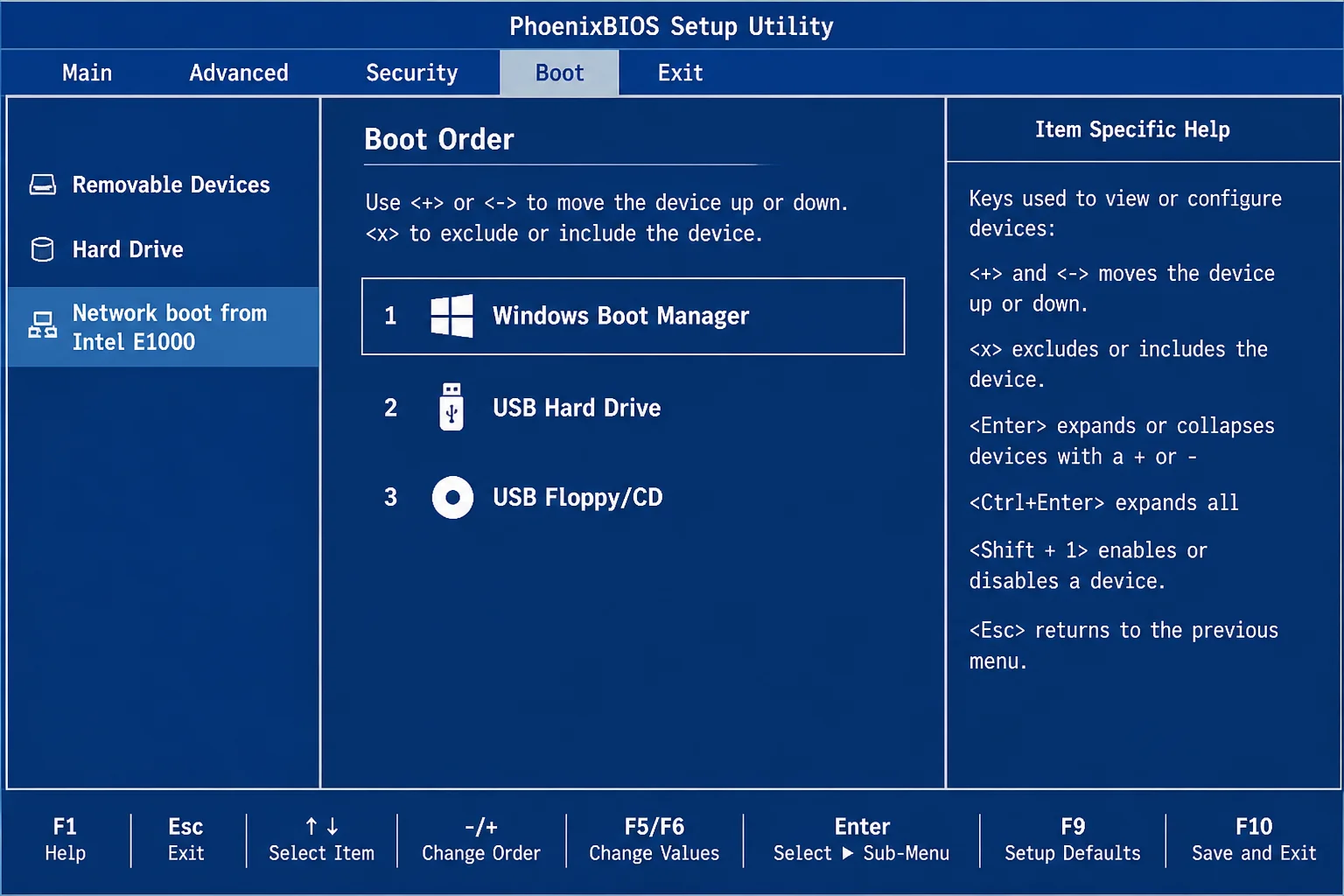 UEFI firmware Boot Order screen with Windows Boot Manager listed first and USB entries moved below the internal drive