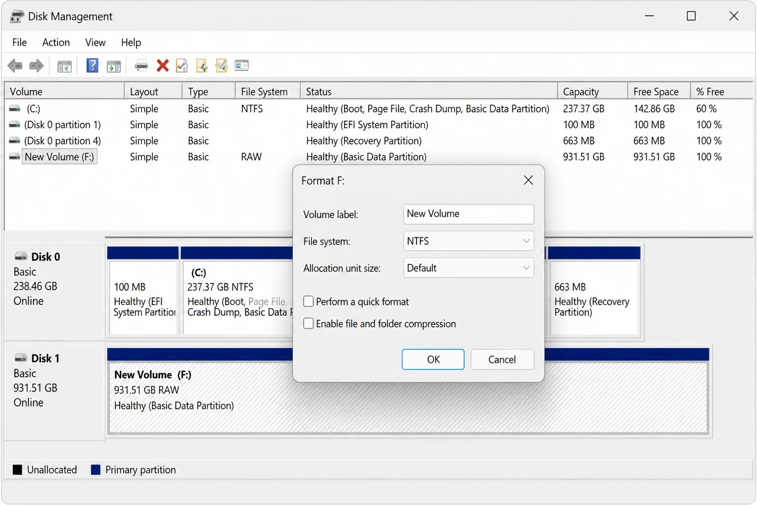 Disk Management Format dialog with NTFS selected as the file system for an external USB drive partition
